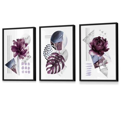 Artze Wall Art Abstract Purple And Silver Grey Floral Wall Art Prints / 42X59Cm (A2) / Black Frame from B&Q