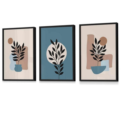 Artze Wall Art Botanical Set Of 3 Boho Wall Art Prints In Blue And Cream Wall Art Prints / 42X59Cm (A2) / Black Frame from B&Q
