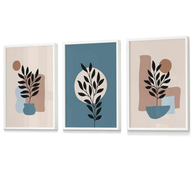 Artze Wall Art Botanical Set Of 3 Boho Wall Art Prints In Blue And Cream Wall Art Prints / 42X59Cm (A2) / White Frame from B&Q