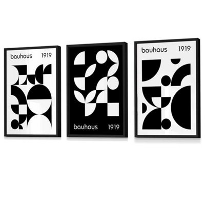 Artze Wall Art Bauhaus Style Graphical Black & White Geometric Set Of 3 Wall Art Prints / 42X59Cm (A2) / Black Frame from B&Q