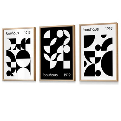 Artze Wall Art Bauhaus Style Graphical Black & White Geometric Set Of 3 Wall Art Prints / 42X59Cm (A2) / Oak Frame from B&Q