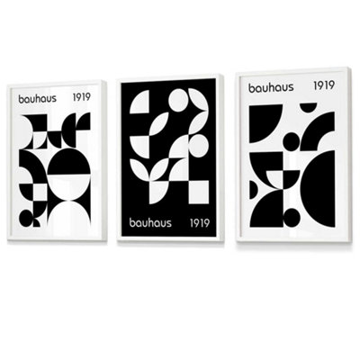 Artze Wall Art Bauhaus Style Graphical Black & White Geometric Set Of 3 Wall Art Prints / 42X59Cm (A2) / White Frame from B&Q