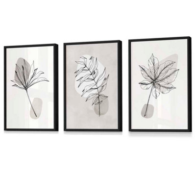 Artze Wall Art Set Of 3 Grey And Beige Botanical Sketch Leaves Wall Art / 42X59Cm (A2) / Black Frame from B&Q