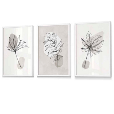 Artze Wall Art Set Of 3 Grey And Beige Botanical Sketch Leaves Wall Art / 42X59Cm (A2) / White Frame from B&Q