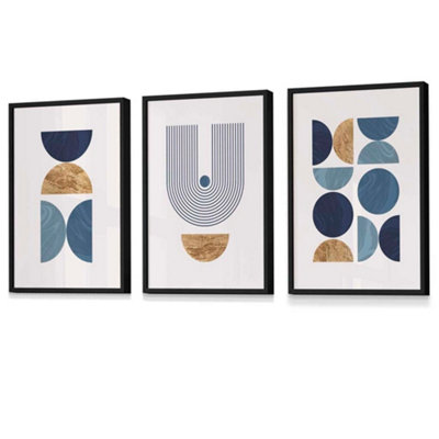Artze Wall Art Mid Century Geometric Wall Art Prints In Blue And Gold / 42X59Cm (A2) / Black Frame from B&Q