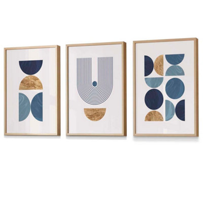 Artze Wall Art Mid Century Geometric Wall Art Prints In Blue And Gold / 42X59Cm (A2) / Oak Frame from B&Q