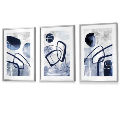 Artze Wall Art Abstract Navy Blue Shapes Set Of 3 Prints Wall Art / 42X59Cm (A2) / Silver Frame from B&Q