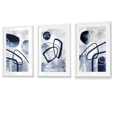 Artze Wall Art Abstract Navy Blue Shapes Set Of 3 Prints Wall Art / 42X59Cm (A2) / White Frame from B&Q