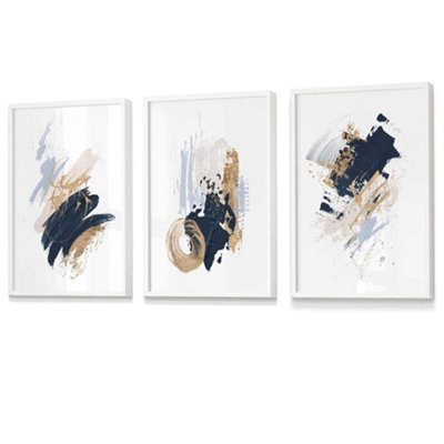 Artze Wall Art Set Of 3 Wall Art Blue And Gold Prints Of Abstract Oil Paintings / 42X59Cm (A2) / White Frame from B&Q