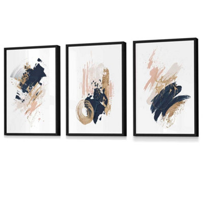 Artze Wall Art Set Of 3 NavyPink And Gold Prints Of Abstract Oil Paintings Wall Art Prints / 42X59Cm (A2) / Black Frame from B&Q
