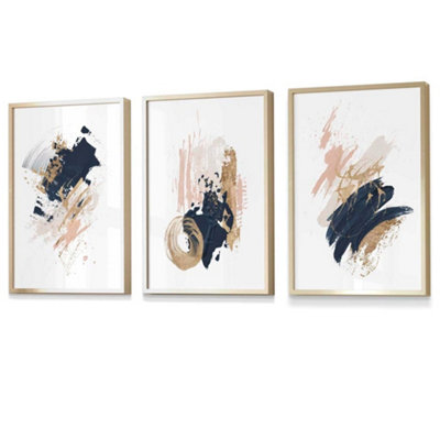 Artze Wall Art Set Of 3 NavyPink And Gold Prints Of Abstract Oil Paintings Wall Art Prints / 42X59Cm (A2) / Gold Frame from B&Q