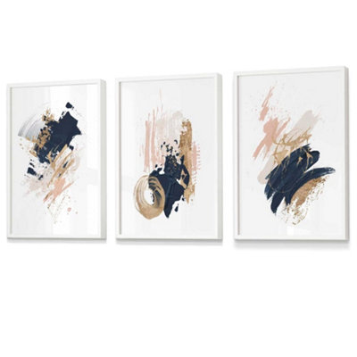 Artze Wall Art Set Of 3 NavyPink And Gold Prints Of Abstract Oil Paintings Wall Art Prints / 42X59Cm (A2) / White Frame from B&Q