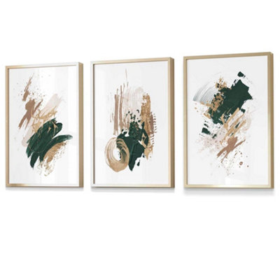 Artze Wall Art Set Of 3 GreenBeige And Gold Prints Of Abstract Oil Paintings Wall Art Prints / 42X59Cm (A2) / Gold Frame from B&Q