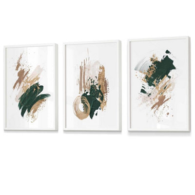Artze Wall Art Set Of 3 GreenBeige And Gold Prints Of Abstract Oil Paintings Wall Art Prints / 42X59Cm (A2) / White Frame from B&Q