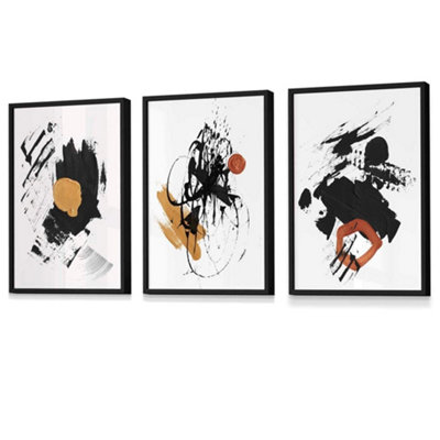 Artze Wall Art Set Of 3 Black And Yellow Prints Of Abstract Oil Paintings Wall Art Prints / 42X59Cm (A2) / Black Frame from B&Q