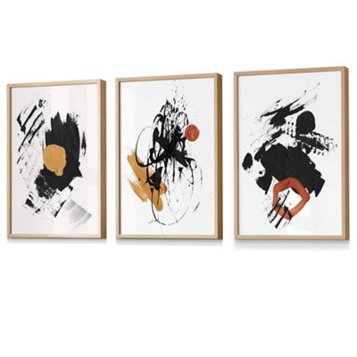 Artze Wall Art Set Of 3 Black And Yellow Prints Of Abstract Oil Paintings Wall Art Prints / 42X59Cm (A2) / Oak Frame from B&Q