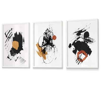 Artze Wall Art Set Of 3 Black And Yellow Prints Of Abstract Oil Paintings Wall Art Prints / 42X59Cm (A2) / White Frame from B&Q