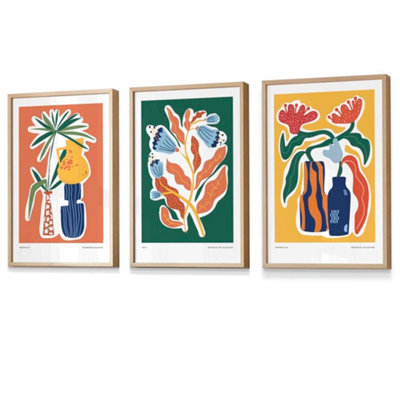 Artze Wall Art Set Of 3 Artisan Bright Botanical Wall Art Prints / 42X59Cm (A2) / Oak Frame from B&Q