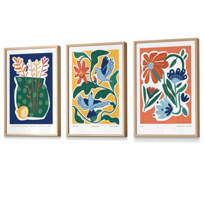 Artze Wall Art Set Of 3 Artisan Floral Wall Art Prints In Bright Colours / 42X59Cm (A2) / Oak Frame from B&Q