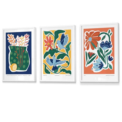 Artze Wall Art Set Of 3 Artisan Floral Wall Art Prints In Bright Colours / 42X59Cm (A2) / White Frame from B&Q