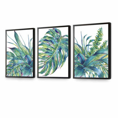 Artze Wall Art Set Of 3 Watercolour Green Blue Tropical Leaves Wall Art Prints / 42X59Cm (A2) / Black Frame from B&Q