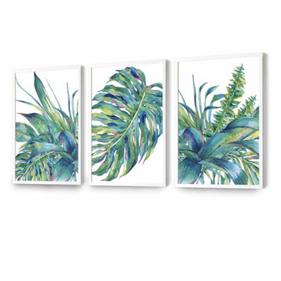 Artze Wall Art Set Of 3 Watercolour Green Blue Tropical Leaves Wall Art Prints / 42X59Cm (A2) / White Frame from B&Q