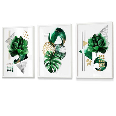 Artze Wall Art Abstract Green And Gold Floral Wall Art Prints / 42X59Cm (A2) / White Frame from B&Q