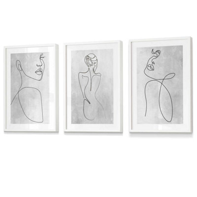 Artze Wall Art Abstract Line Art Female GreyWhiteBlack Wall Art Set Of 3 Prints / 42X59Cm (A2) / White Frame from B&Q