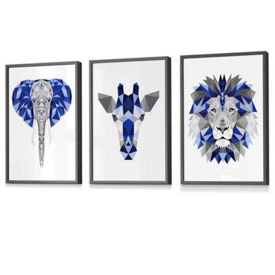 Artze Wall Art Geometric Set Of 3 Navy Blue & Grey Art Prints Jungle Heads Giraffe Lion Elephant / 42X59Cm (A2) / Dark Grey Frame from B&Q
