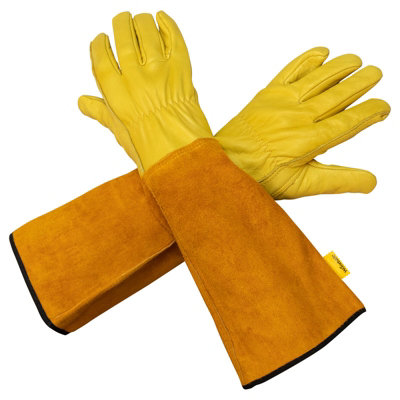 Woodside Cowhide Leather Heavy Duty Thorn Proof Gauntlet Gardening Gloves from B&Q