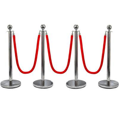 B&Q -  Silver Crowd Control Barrier Set 4 Pack With 3 Ropes Fillable Bases Queue Management & Event Barriers 4.5M Length