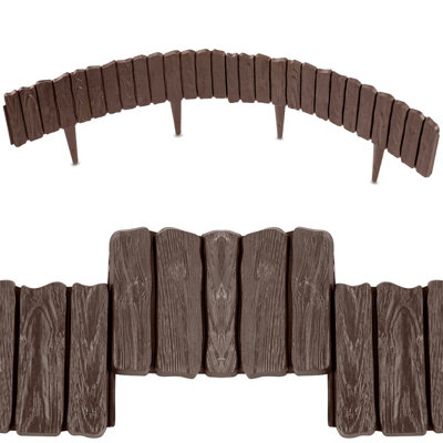 SolaDirect Brown Lawn Edging Border2.26 M / 7.4 Ft Long Garden Palisade With Wood Bark EffectFencing With Ground Stakes from B&Q