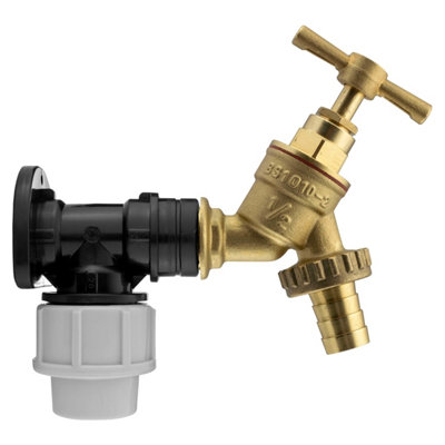 SolaDirect 20mm Mdpe Wall Flange KitWall Plate Elbow With 1/2" Brass Garden Tap & Barb Hose FittingEasy To Install Water Hose Connector from B&Q