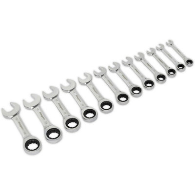  - 12-Piece Stubby Ratchet Combination Spanner SetMetric 12 Point Design For Tight Spaces