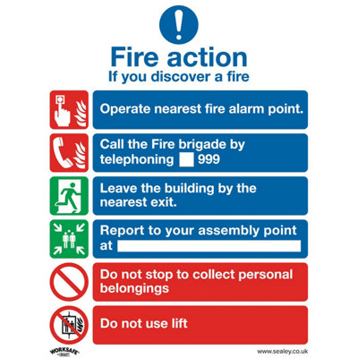 Pack Of 10 Fire Action & Lift Safety SignsSelf-Adhesive Vinyl Stickers 200X250mm from B&Q