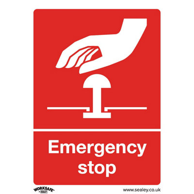 1X Emergency Stop SignRigid Plastic Safety Warning Plate 75mm X 100mm from B&Q