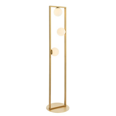 1410mm Brushed Gold Geometric 3 Light Floor Lamp & Glass Opal Sphere Shades from B&Q