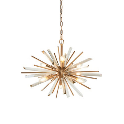  - Large Antique Brass Ceiling Pendant Light6 Bulb Hanging FittingPrism Glass