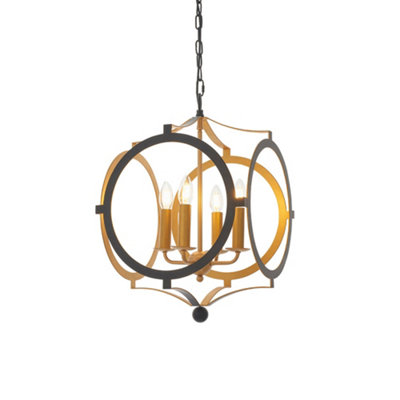 B&Q Matt & Ceiling Pendant - 4 Bulb Hanging Circular Frame Fitting Black/Gold/Light