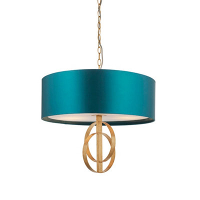 Antique Gold Ceiling Pendant Light & Teal Satin Shade3 Bulb Hanging Fitting from B&Q