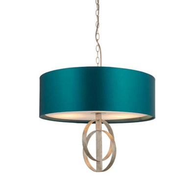 Antique Silver Ceiling Pendant Light & Teal Satin Shade3 Bulb Hanging Fitting from B&Q