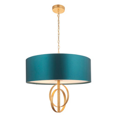 Antique Gold Ceiling Pendant Light & Teal Satin Shade5 Bulb Hanging Fitting from B&Q