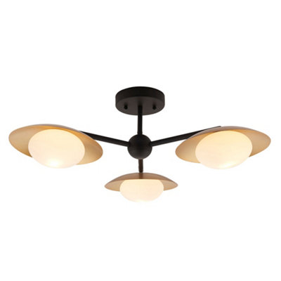 B&Q & Semi Flush 3 Bulb Ceiling - Pebble Shaped Opal Glass Shades Gold/Bronze/Light