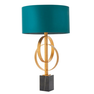 Antique Gold Table Lamp & Teal Satin ShadeBlack Marble Base Desk Light from B&Q