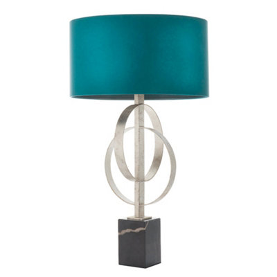 Antique Silver Table Lamp & Teal Satin ShadeBlack Marble Base Desk Light from B&Q