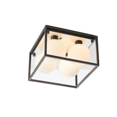 Matt Black Square Framed Semi Flush Bathroom Ceiling Light & Sphere Glass Shades from B&Q