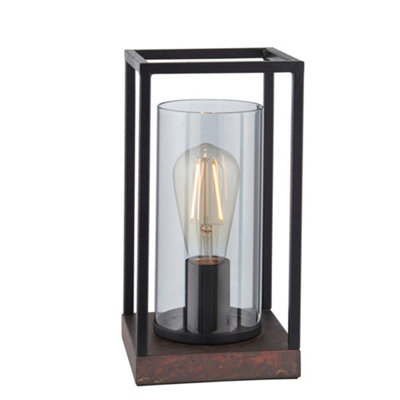 Matt Black Industrial Framed Table Lamp Light & Glass ShadeBronze Patina Base from B&Q