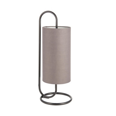 Modern Matt Black Oval Table Lamp Desk Light & Grey Fabric Cylinder Shade from B&Q