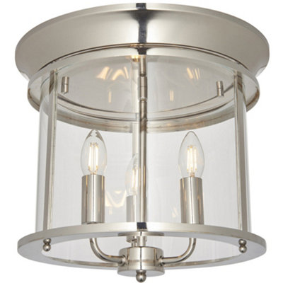 Bright Nickel Semi Flush Low Ceiling Light & Clear Glass Shade 3 Bulb Fitting from B&Q