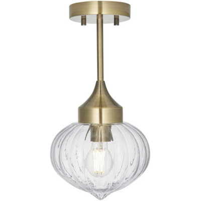  - Semi Flush Ceiling Light FittingAntique Brass Plate & Ribbed Glass Shade